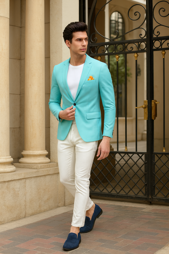 Men’s Aqua Blazer - Slim Fit One Button Suit Jacket with Stylish Floral Inner Lining - Light Turquoise by USA Men's Outlet