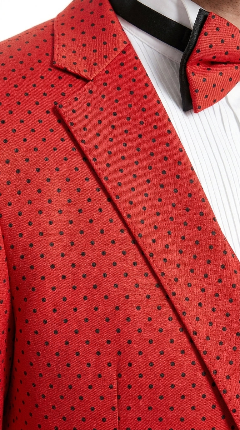 Tazio Men’s Cherry Red and Black  Polka-Dot 3-Piece Suit – Skinny Fit Prom, Wedding and Party Suit or Tuxedo