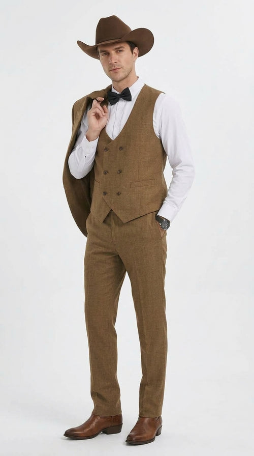 Men’s Light Brown Western 3-Piece Suit – Cowboy Wedding Suit with Vest British Khaki Color