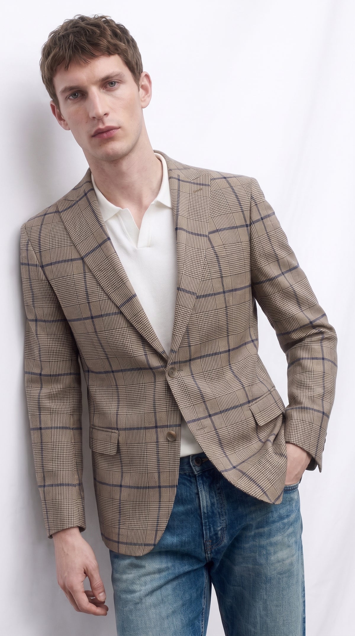 Men’s Tan Beige Peaky Blinders Glen Plaid Blazer English Style Textured Wool Winter Sport Coat Checkered Windowpane