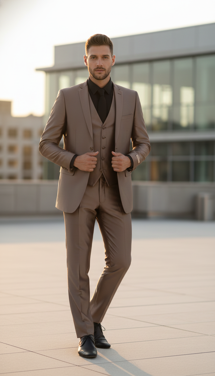 Men’s Sateen Shiny Metallic Mocca Taupe Gold Bronze 3-Piece Suit Set - Shiny Finish slim Fit Formal and Party Suit USA Men's Outlet