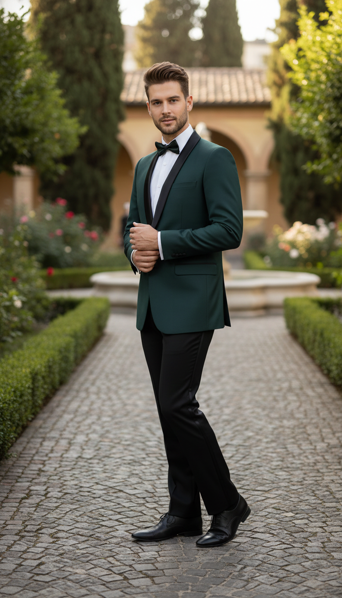Men’s Green Tuxedo Suit - Slim Fit Jacket with Black Satin Shawl Lapel and Black Pants in Hunter Green by USA Men's Outlet