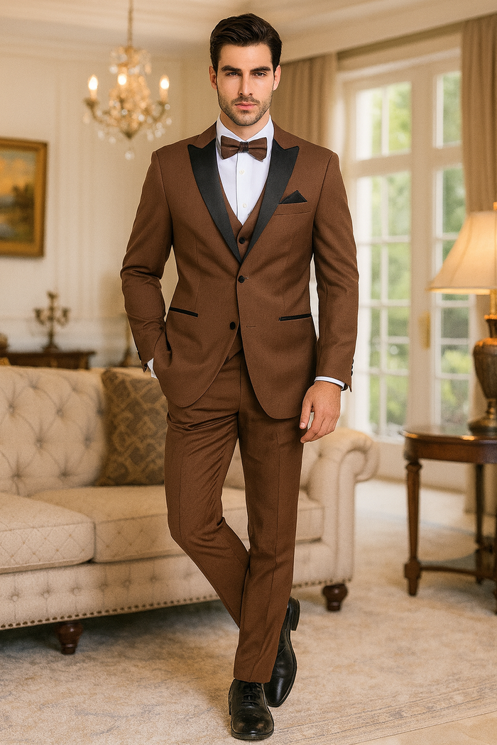 Men’s Light Brown Tuxedo Suit with Black Satin Lapel - 3 Piece Formal Wedding & Prom Outfit - Country Look by USA Men's Outlet