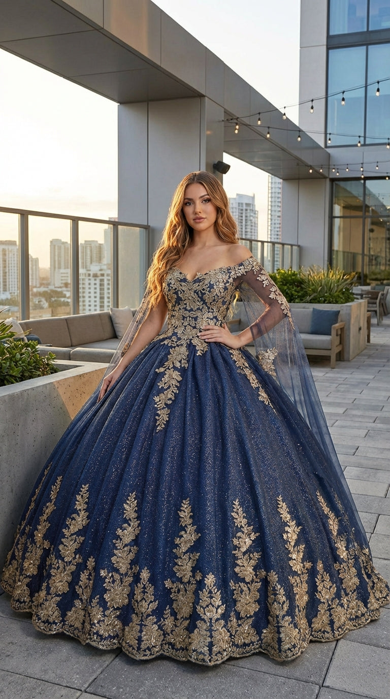 Layla K LK221 Cape Sleeves Corset Embroidered Quinceañera Ball Gown