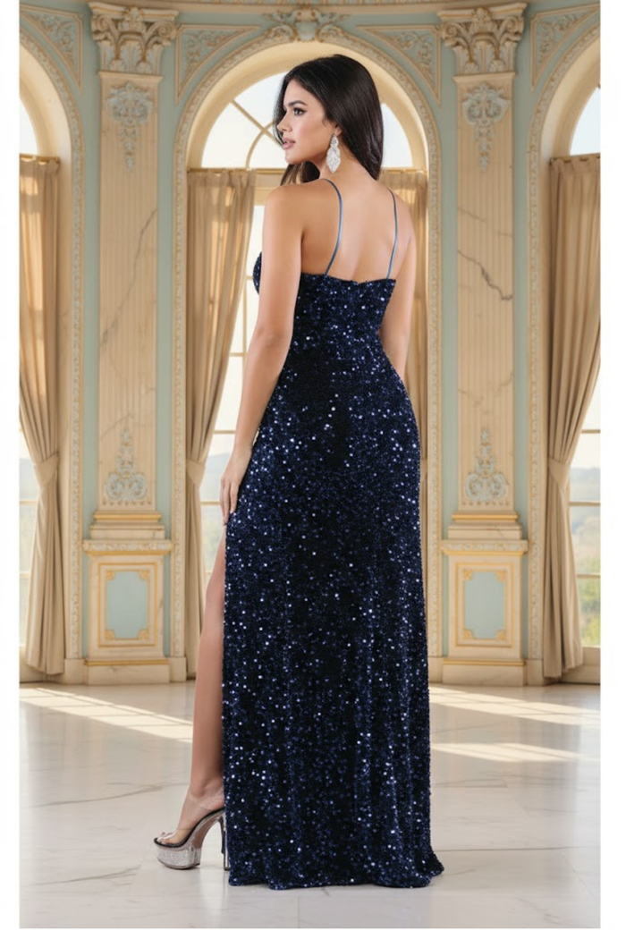 Royal Queen RQ7986 V-Neck Long Sequin Sheath Dress