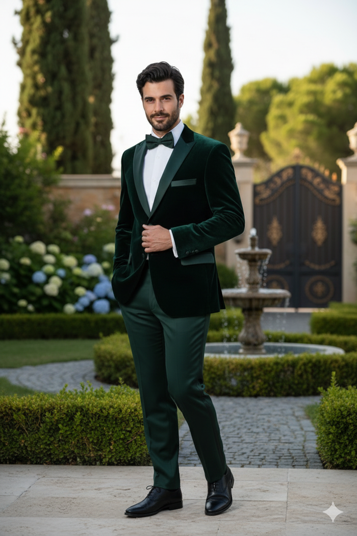 Men’s Dark Green Velvet Tuxedo Dinner Jacket - Slim Fit Formal Blazer with Satin Peak Lapel Lape by USA Men's Outlet
