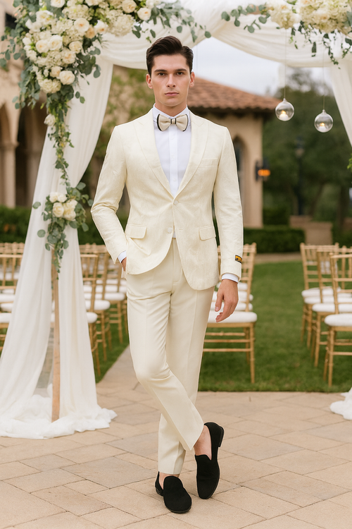 Men’s Ivory Floral Embroidered Tuxedo Jacket - Elegant Wedding and Party Blazer in Cream Color With Ivory Pants USA Men's Outlet