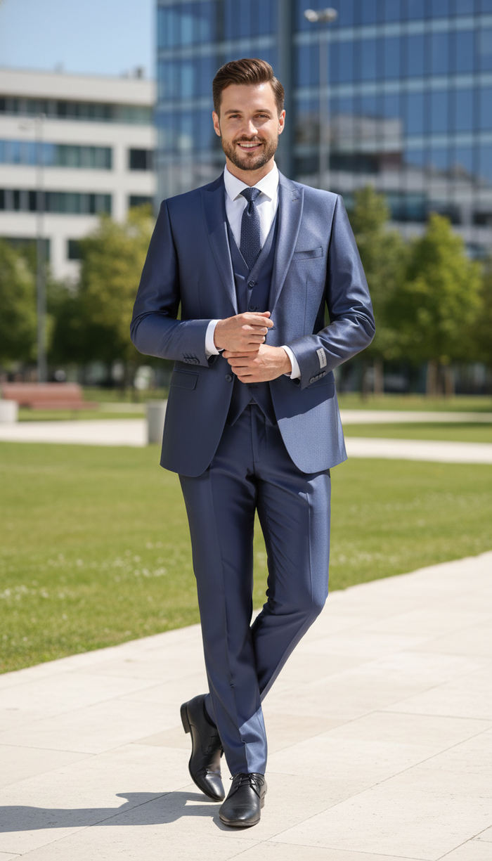 Men’s Navy Blue Shiny Finish 3-Piece Suit Set - Premium Tailored Fit Formal Wedding and Party Sateen Slim Fitted Suit by USA Men's Outlet