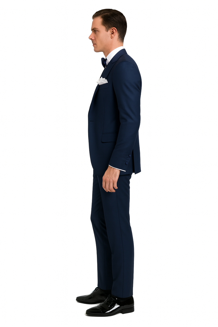 Men’s Navy Blue Tuxedo with Satin Peak Lapel with navy sateen - 3 Piece Formal Suit with Vest and Bow Tie by USA Men's Outlet
