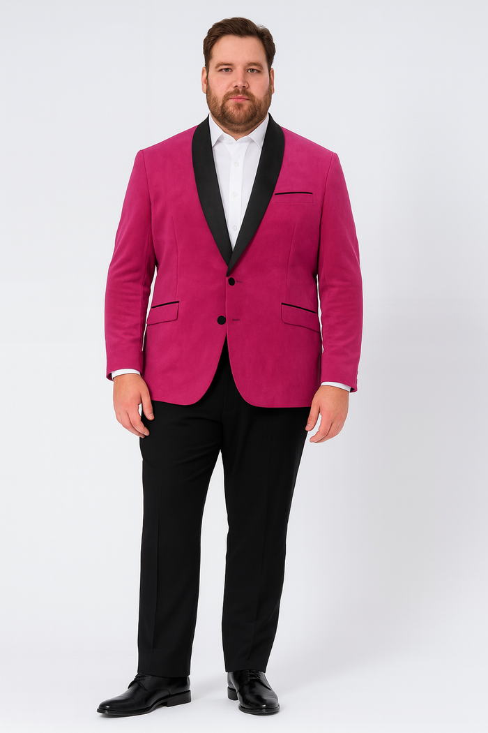 Men’s Fuchsia Tuxedo Blazer with Black Satin Lapel - Stylish Party and Wedding Jacket in Hot Pink Color with Black Pants by USA Men's Outlet
