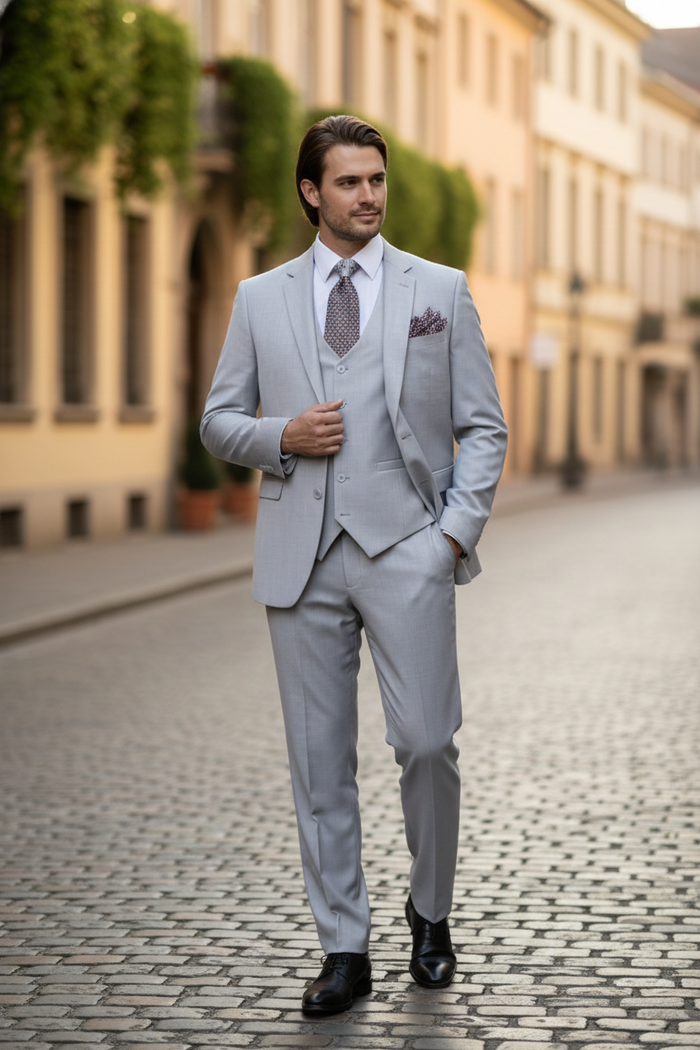 Men’s Very Light Gray Three-Piece Wedding Suit 2 Buttons Modern or Slim Fit Ash Bone Color Steel Grey USA Men's Outlet