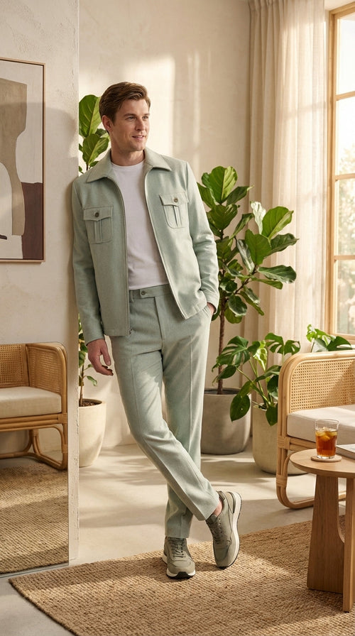 Mens Sage Green Walking Suit Set – Casual Safari Military Jacket and Pants Outfit for Travel