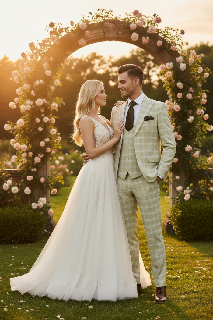 Men’s Light Beige Check 3-Piece Suit Set - Premium Tailored Fit Formal Wedding and Spring Event Suit Light Tan Sand Color By Rossiman USA Men's Outlet