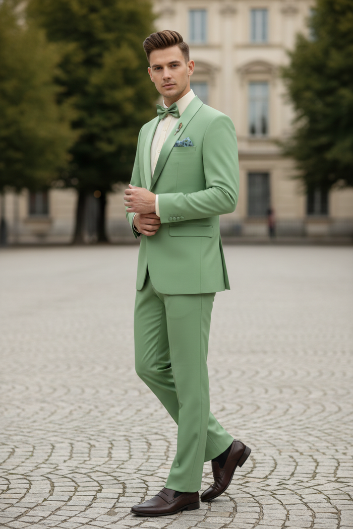 Men’s Mint Green Tuxedo - 2-Piece Formal Suit with Satin Shawl Lapel and Matching Bow Tie in Sage Green by USA Men's Outlet