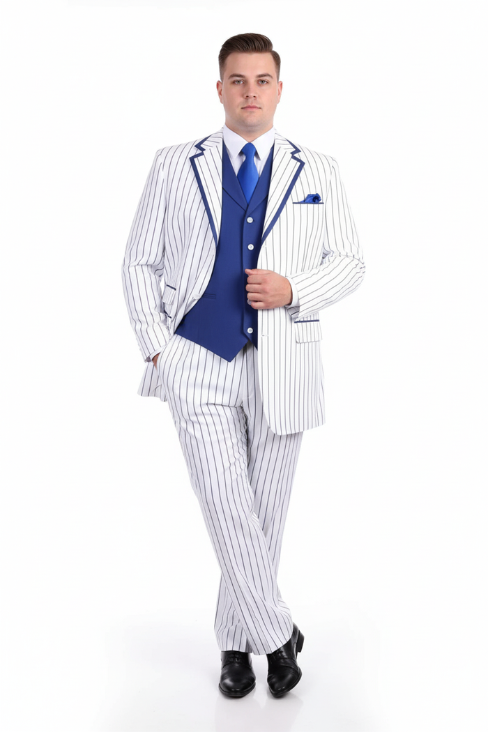 Men’s White and Royal Blue Pinstripe 3-Piece Suit - Classic Fit Blazer with Vest, Pants, and Tie by USA Men's Outlet