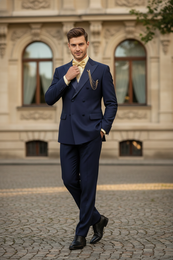 Men’s Navy Blue Double-Breasted Tuxedo with navy Satin Peak Lapel Wedding Suit by USA Men's Outlet