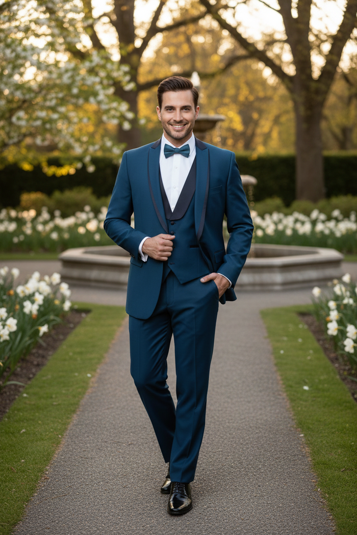 Men’s Teal Blue Tuxedo - 3-Piece Formal Suit with Satin Shawl Lapel, Vest, and Pants in Saphire Cobalt Blue Color by USA Men's Outlet