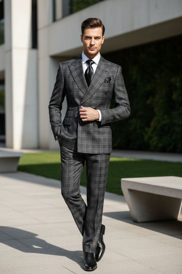 Men’s Charcoal Plaid Double-Breasted Suit - Tailored Pants Windowpane Pattern By Rossiman - USA Men's Outlet