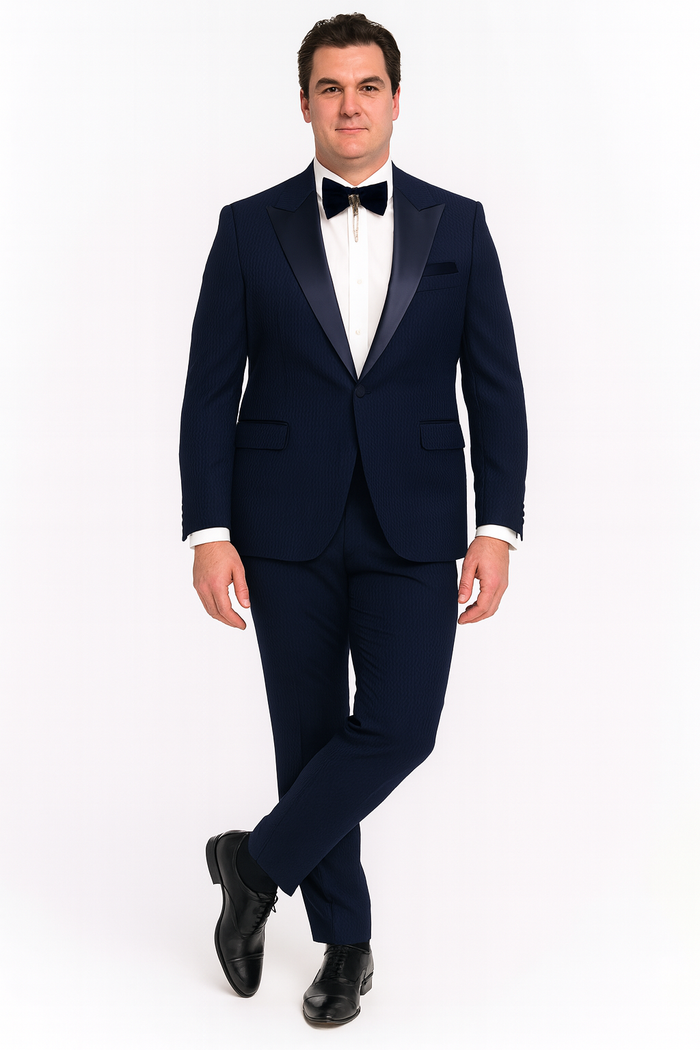 Men’s Navy Blue Tuxedo with Satin Peak Lapel With Matching Color Lapel Sateen - Formal 2 Piece Suit by USA Men's Outlet