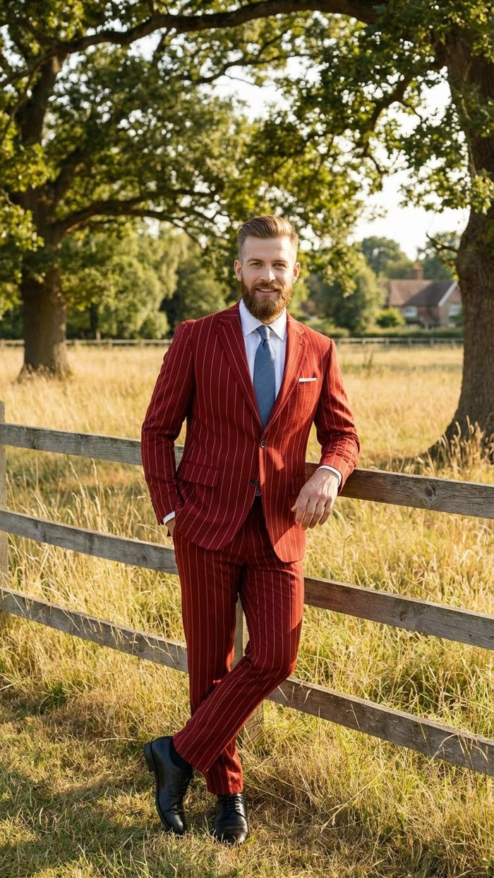 Men’s Red Pinstripe Suit - Stripe Two-Button Vested Suit 2 Buttons by USA Men's Outlet