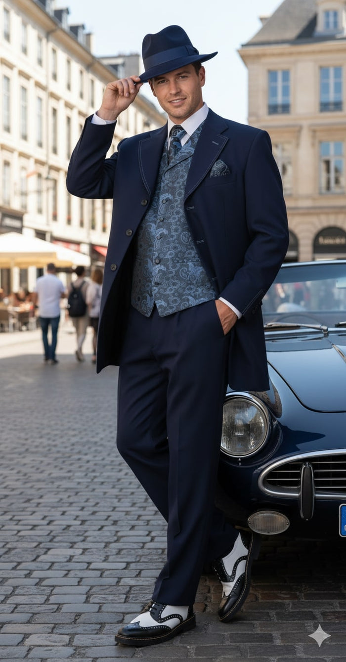 Mens 1920s Navy Blue Zoot Suit - Vintage Gangster 3-Piece Long Jacket Suit Classic Fit Pleated Pants by USA Men's Outlet