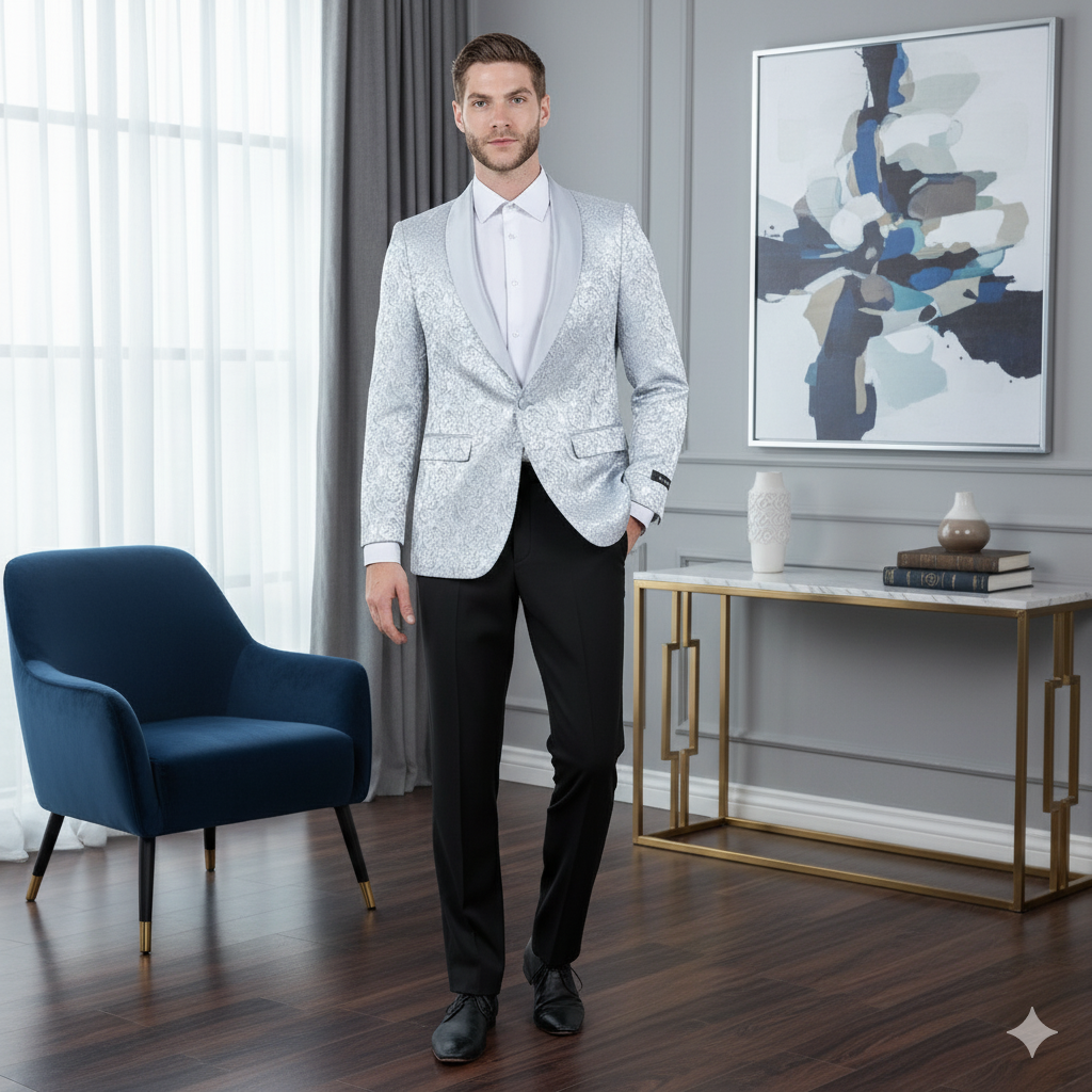 Big and Tall Men’s Silver Gray Paisley Tuxedo Jacket – Satin Shawl Lapel Blazer for Weddings, Proms, and Formal Events – SuitUSA