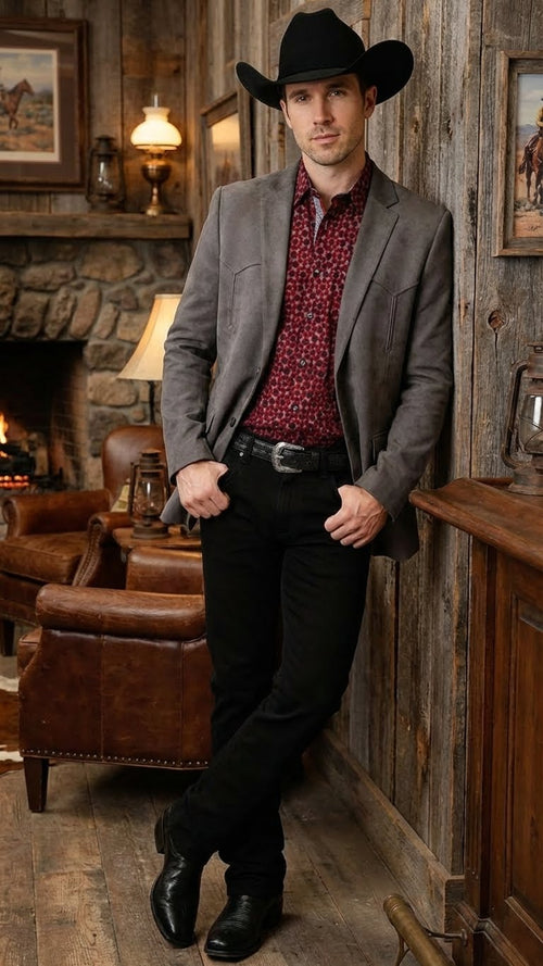 Saco Vaquero Men’s Charcoal Gray Western Faux Suede Blazer – Double Button Cowboy Jacket for Wedding & Party Wear