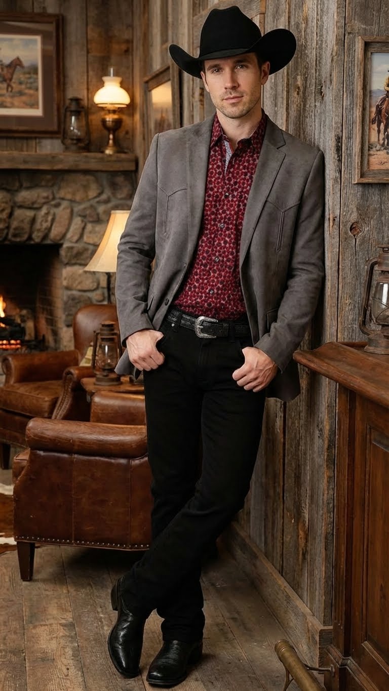 Saco Vaquero Men’s Charcoal Gray Western Faux Suede Blazer – Double Button Cowboy Jacket for Wedding & Party Wear