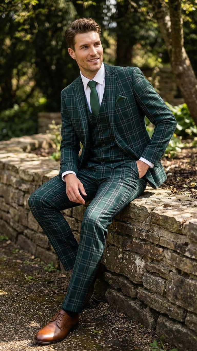 Men's Dark Green Plaid 3 Piece Suit – Checkered Suit Set for Wedding,