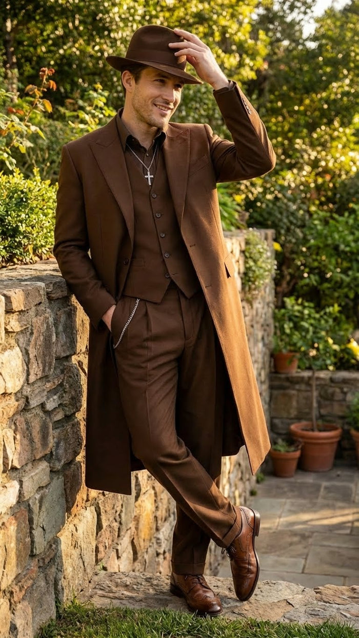 Men’s Brown 1920s Zoot Suit - Long Gangster Mafia Suit Vintage Three-Piece Costume Set Pachuco Style USA Men's Outlet