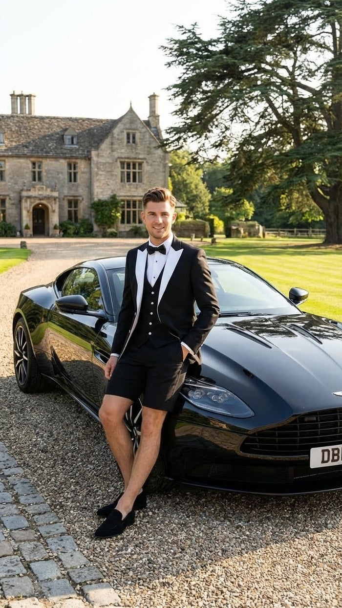 Men’s Black and White Tuxedo Shorts Suit – Modern Formal Tuxedo with Pants for Wedding, Party and Special Events