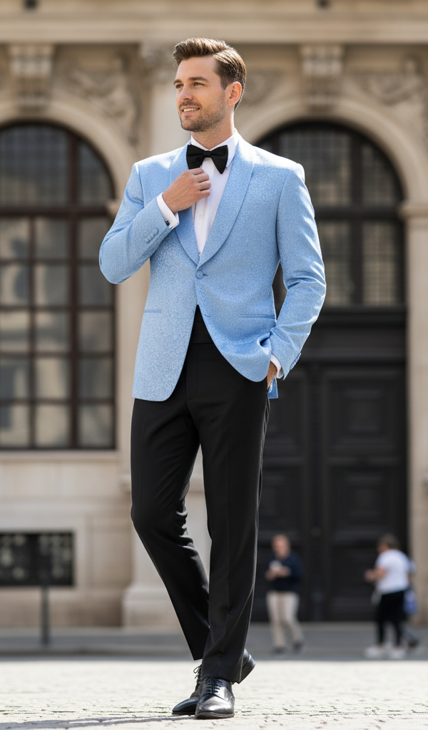 Men’s Light Blue Paisley Tuxedo Jacket - Elegant Satin Shawl Lapel Dinner Blazer for Weddings, Proms in Sky Powder Blue Color Bowtie by USA Men's Outlet