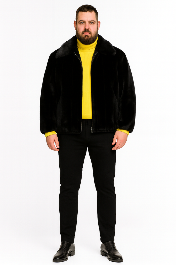 Men’s Black Faux Fur Jacket - Luxury Winter Zip-Up Coat with Soft Plush Finish by USA Men's Outlet