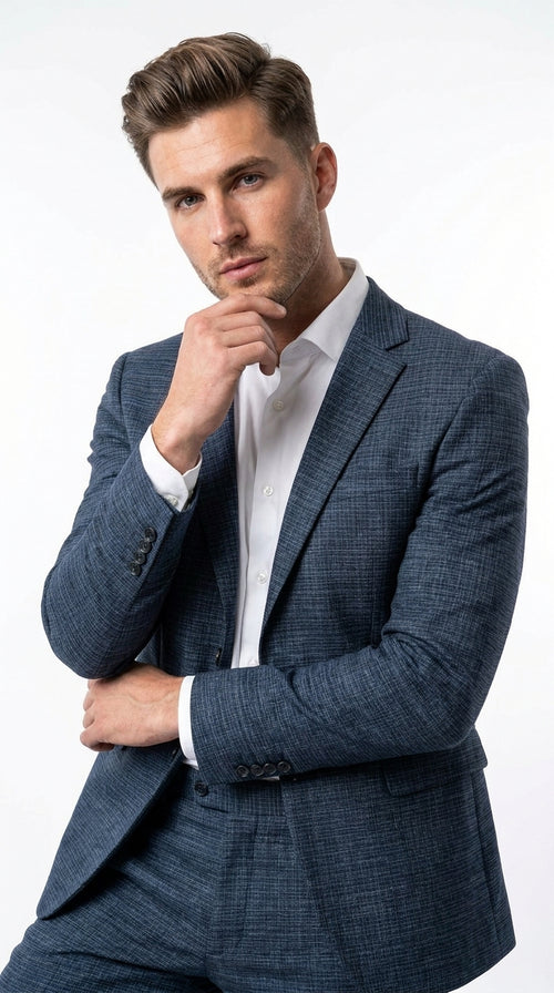Men's Blue Micro Check Hounstooth small windowpane plaid  3-Piece Suit – Vested Slim Fit Business, Wedding & Formal Suit