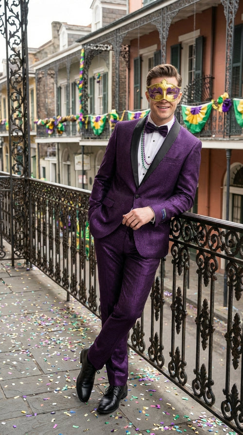 Mens Purple Shimmer Mardi Gras Suit with Black Satin Lapel – Shiny Metallic Formal Party and Carnival Suit Sequin Look