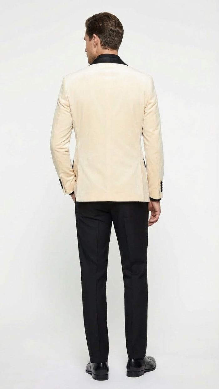 Men’s Ivory Dinner Jacket - Cream Velvet Blazer with Black Satin Lapel - Wedding and Party Formal Sport Coat in off white USA Men's Outlet