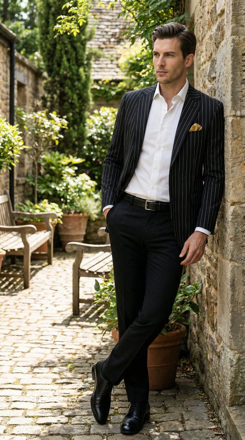 Men’s Black Pinstripe Blazer –Classic Tailored Formal Jacket for Business, Office and Evening Wear
