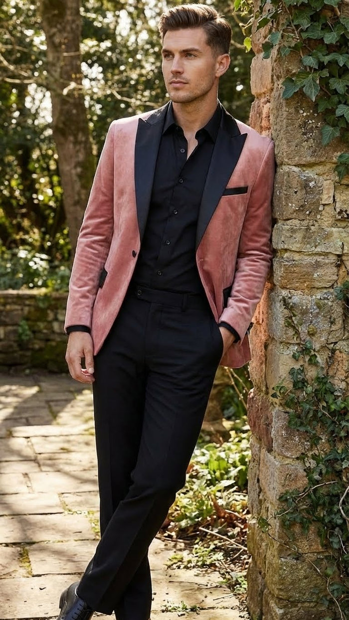 Men’s Dusty Rose Pink Velvet Blazer with Black Satin Lapel - Formal Sport Coat in Mauve Color + Bowtie USA Men's Outlet