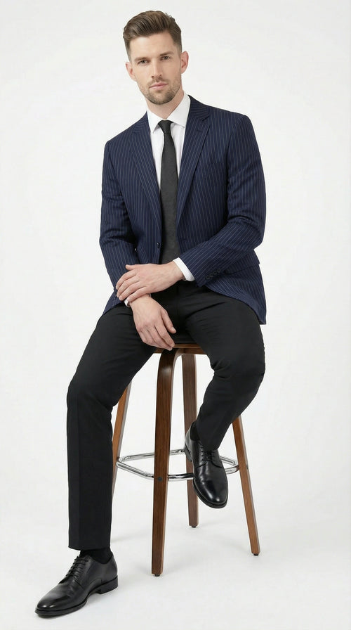 Men’s Navy Blue Pinstripe Blazer – Classic Tailored Formal Jacket for Business, Office and Professional Wear