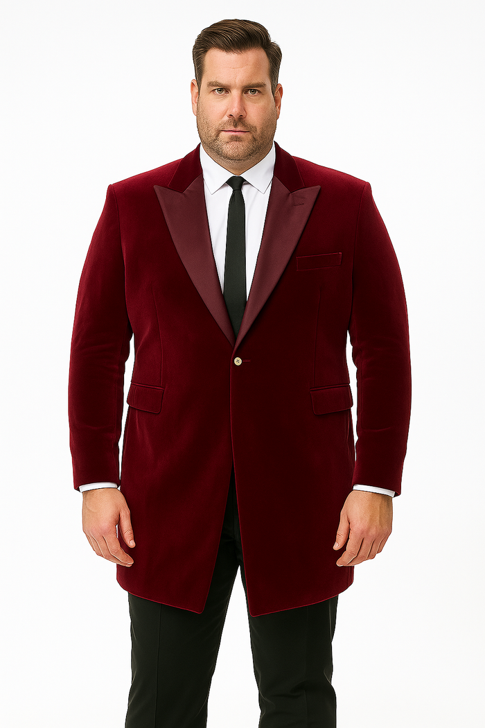 Men’s Burgundy Tuxedo in Velvet Long Blazer - Victorian Cutaway Tuxedo Suit 1920s Gangster Style Long Jacket with Black Pants by USA Men's Outlet