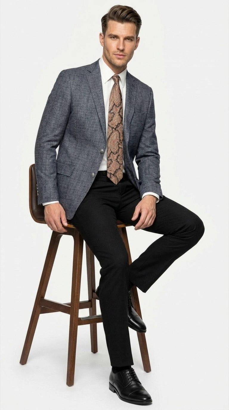 Men’s Charcoal Gray Windowpane Check Blazer – Classic Two Button Formal Sport Coat Jacket