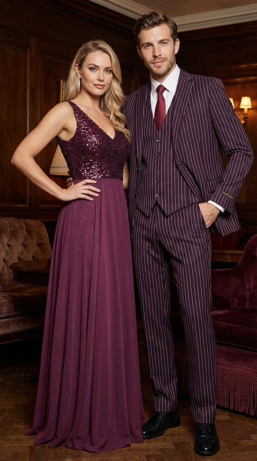Men’s Plum Eggplant Pinstripe 3 Piece Suit – Burgundy Purple Formal Suit  Gangster 1920s Mafia Pimp Suit