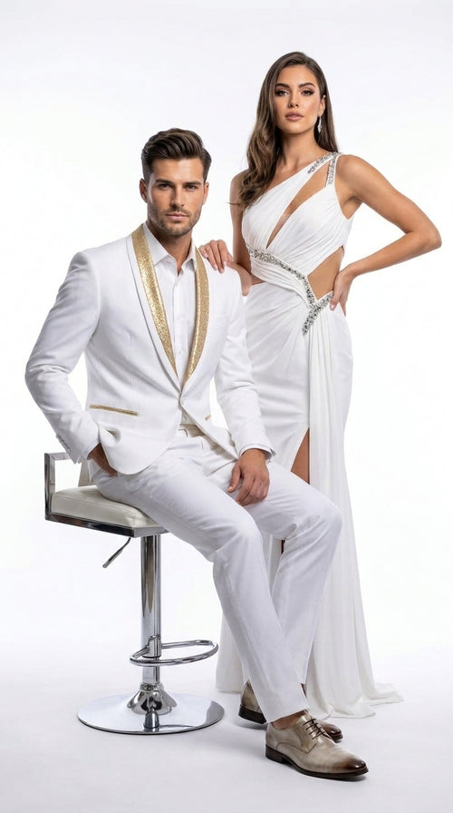 Men’s White and Gold Lapel 2-Piece Tuxedo Suit with Gold Glitter Shawl Lapel – Wedding, Prom and Dinner Jacket