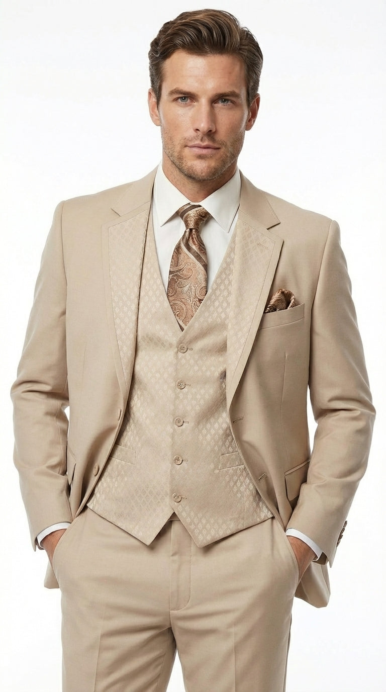 Men’s Tan Beige 3 Piece Tuxedo Suit – Beige Formal Suit Set with Vest, Patterned Lapel and Tie for Wedding, Prom in Tan Khaki Color