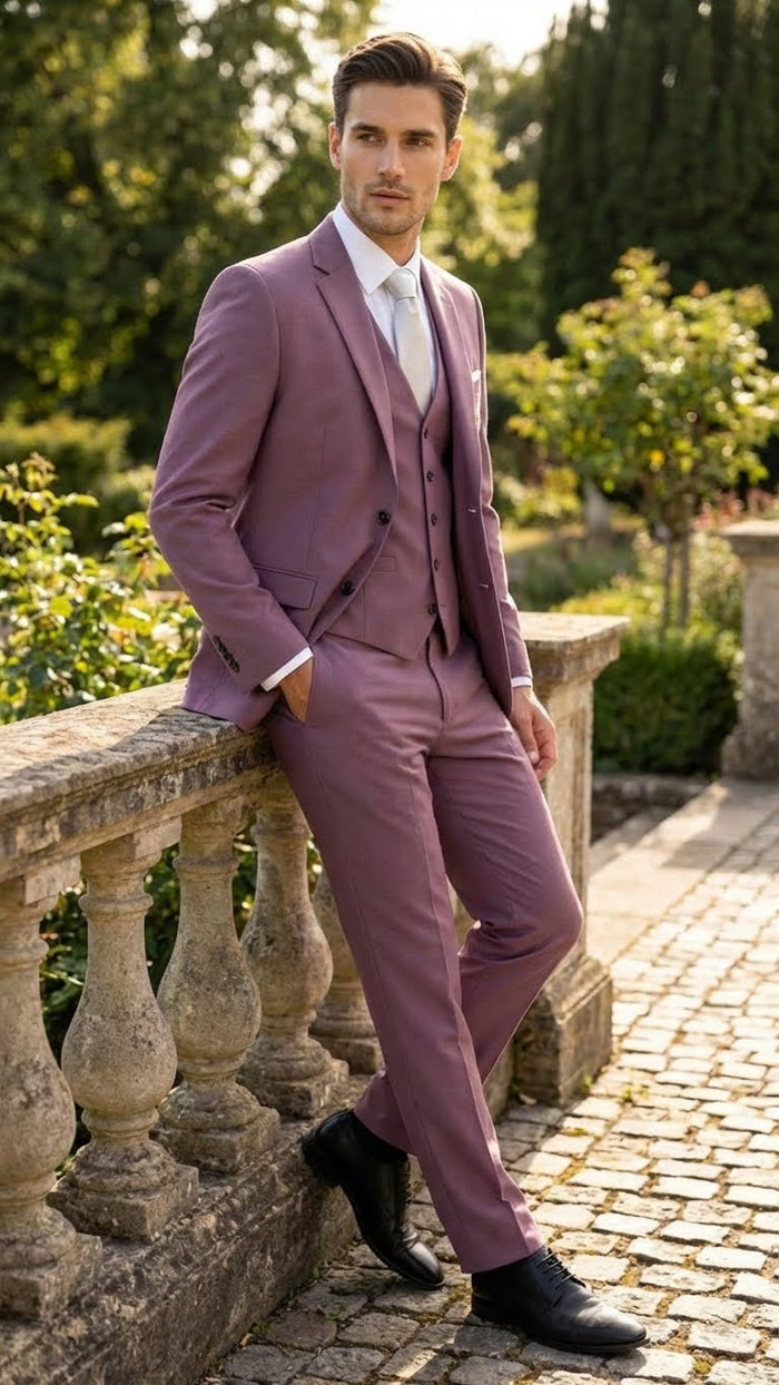 Men’s Mauve Three-Piece Suit - Slim Fit Formal Blazer, Vest, and Trousers for Weddings Rose Gold Pinkish Color USA Men's Outlet