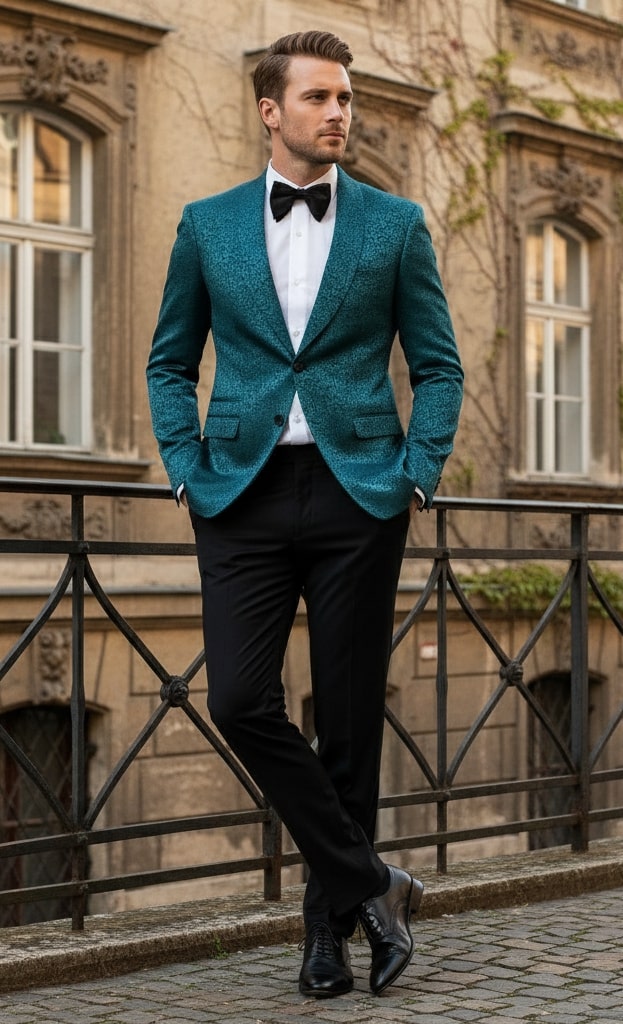 Mens Teal Blue Paisley Tuxedo Jacket - Elegant Shawl Lapel Dinner Blazer for Weddings, Prom and Formal Events - Greenish Blue | USA Men's Outlet