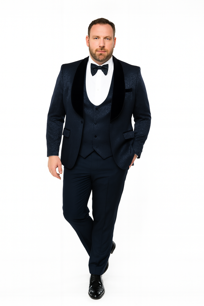 Men’s Navy Blue Jacquard Tuxedo with Black Velvet Shawl Lapel - 3 Piece Formal Suit with Bow Tie by USA Men's Outlet