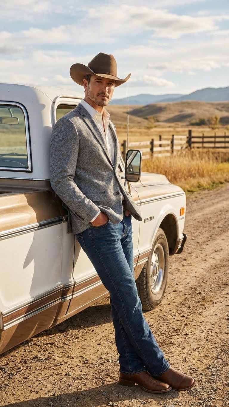 Men's Grey Tweed Herringbone Western Blazer Jacket  Style Look, Textured Formal Casual Sport Coat for Jeans