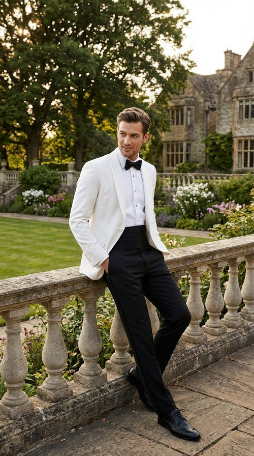 Men's White Dinner Jacket Tuxedo Blazer with Black Satin Shawl Lapel  With Black Tuxedo Pants