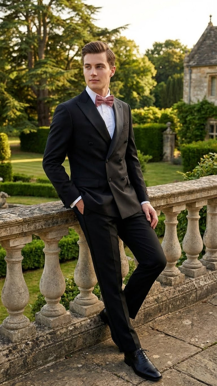 Tiglio Brand 100% Wool Super 150s Italian fabric Men’s Classic Black Double-Breasted Tuxedo with Satin Peak Lapel - Formal Wedding & Gala Suit Set USA Men's Outlet
